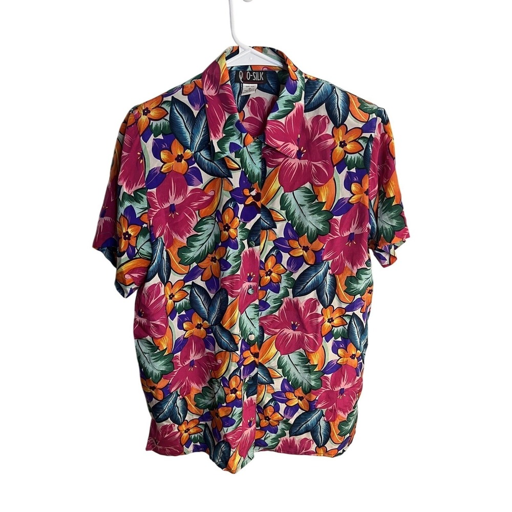 QUO-SILK Shirt Men Sm Multicolor Floral‎ Tropical Silk Hawaiian Summer Vacation